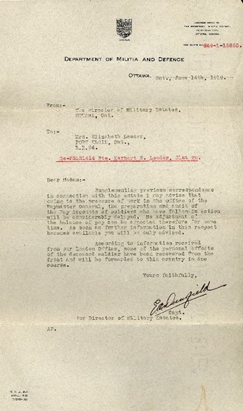 Militia and Defence letter, June 14, 1919